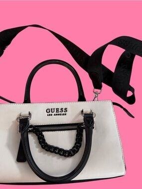 GUESS White and Black Logo Chain-Accent Satchel